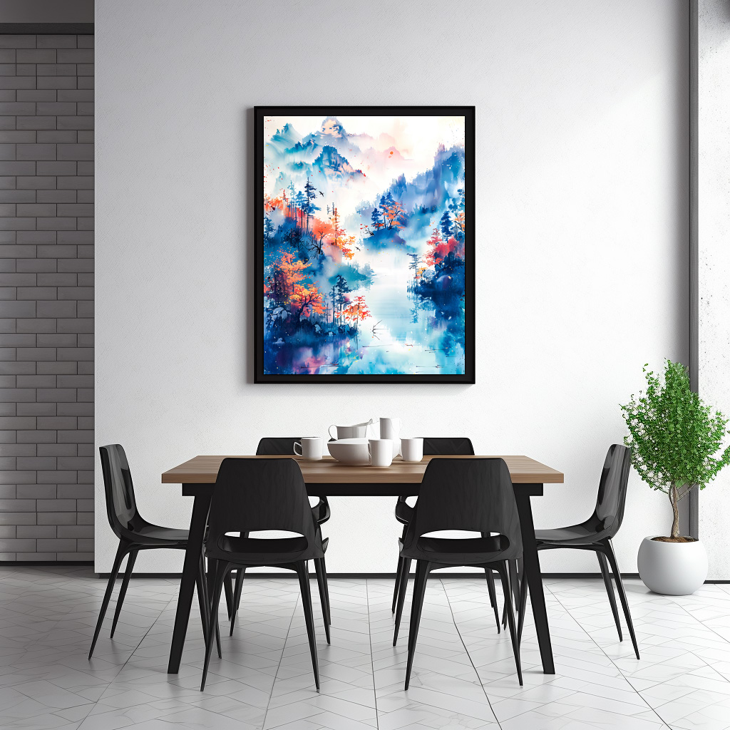 Poster: Autumn Landscape With Colorful Trees, River And Misty Mountain Panorama In Chinese Ink
