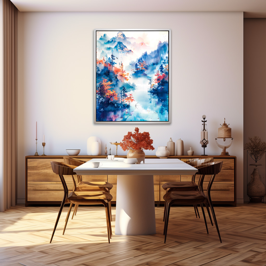 Poster: Autumn Landscape With Colorful Trees, River And Misty Mountain Panorama In Chinese Ink – Bild 3