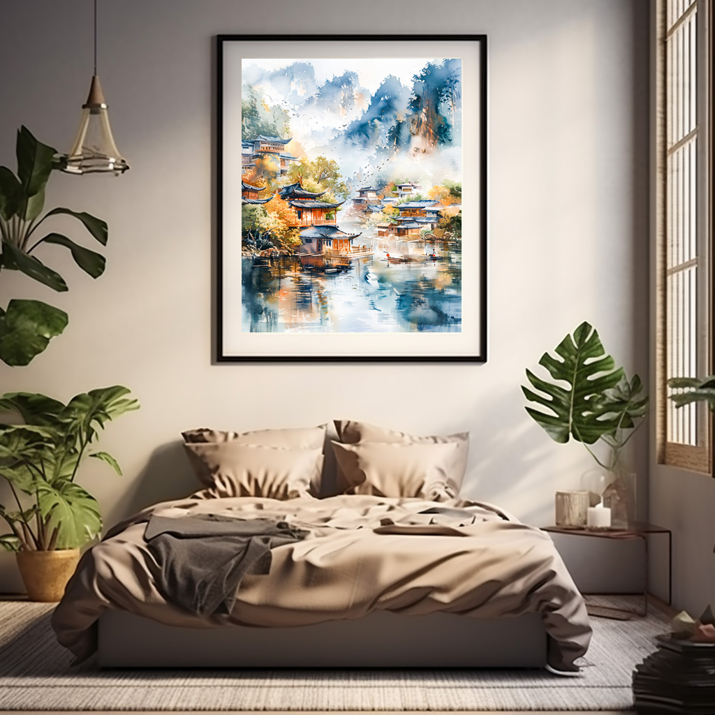 Poster: Mountain River Valley With Village On Both Banks In Chinese Ink Style – Bild 2