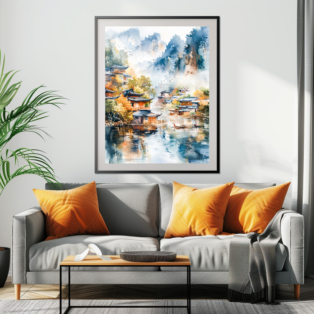 Poster: Mountain River Valley With Village On Both Banks In Chinese Ink Style – Bild 3