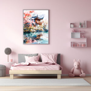 Poster: Temple Complex With Blooming Cherry Tree Reflected In Lakeside Water Chinese Ink