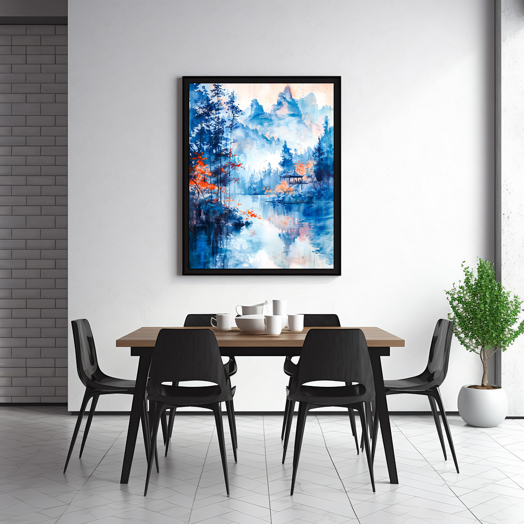 Poster: Autumn Forest Landscape With Temple By Lakeside And Mountain Backdrop In Chinese Ink – Bild 2