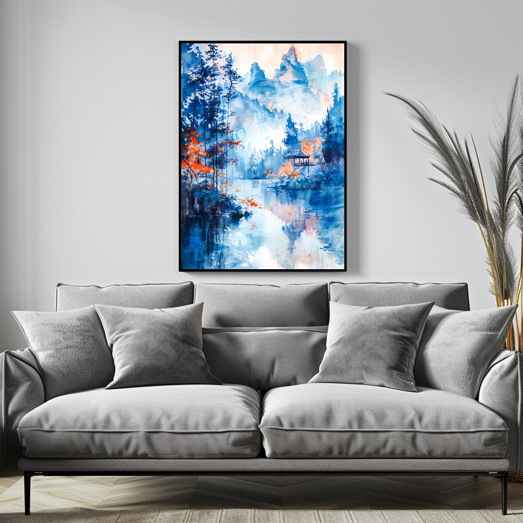 Poster: Autumn Forest Landscape With Temple By Lakeside And Mountain Backdrop In Chinese Ink – Bild 3