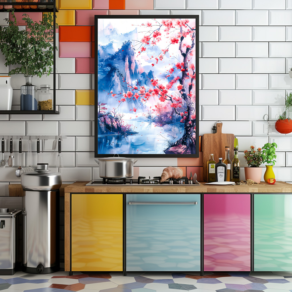 Poster: Blooming Cherry Tree With Mountain Range And Lakeside View In Chinese Ink – Bild 2