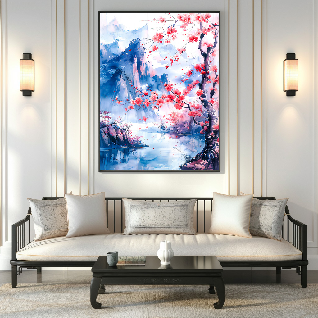 Poster: Blooming Cherry Tree With Mountain Range And Lakeside View In Chinese Ink – Bild 3