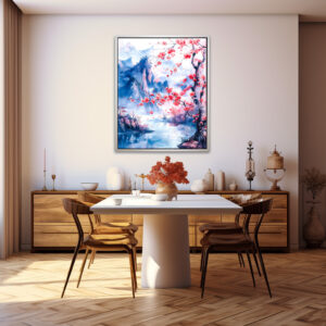 Poster: Blooming Cherry Tree With Mountain Range And Lakeside View In Chinese Ink