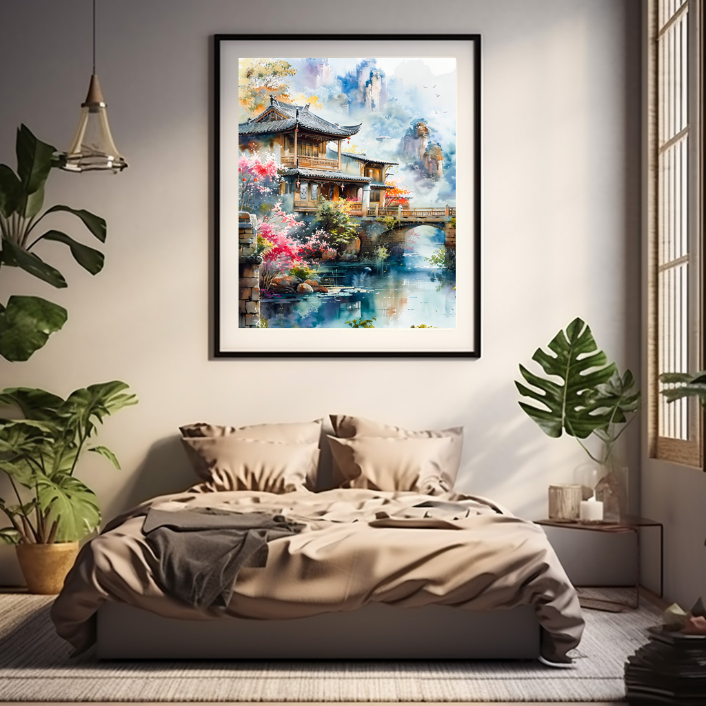 Poster: Temple Complex By Riverside With Bridge And Blooming Cherry Trees In Chinese Ink - Image 2