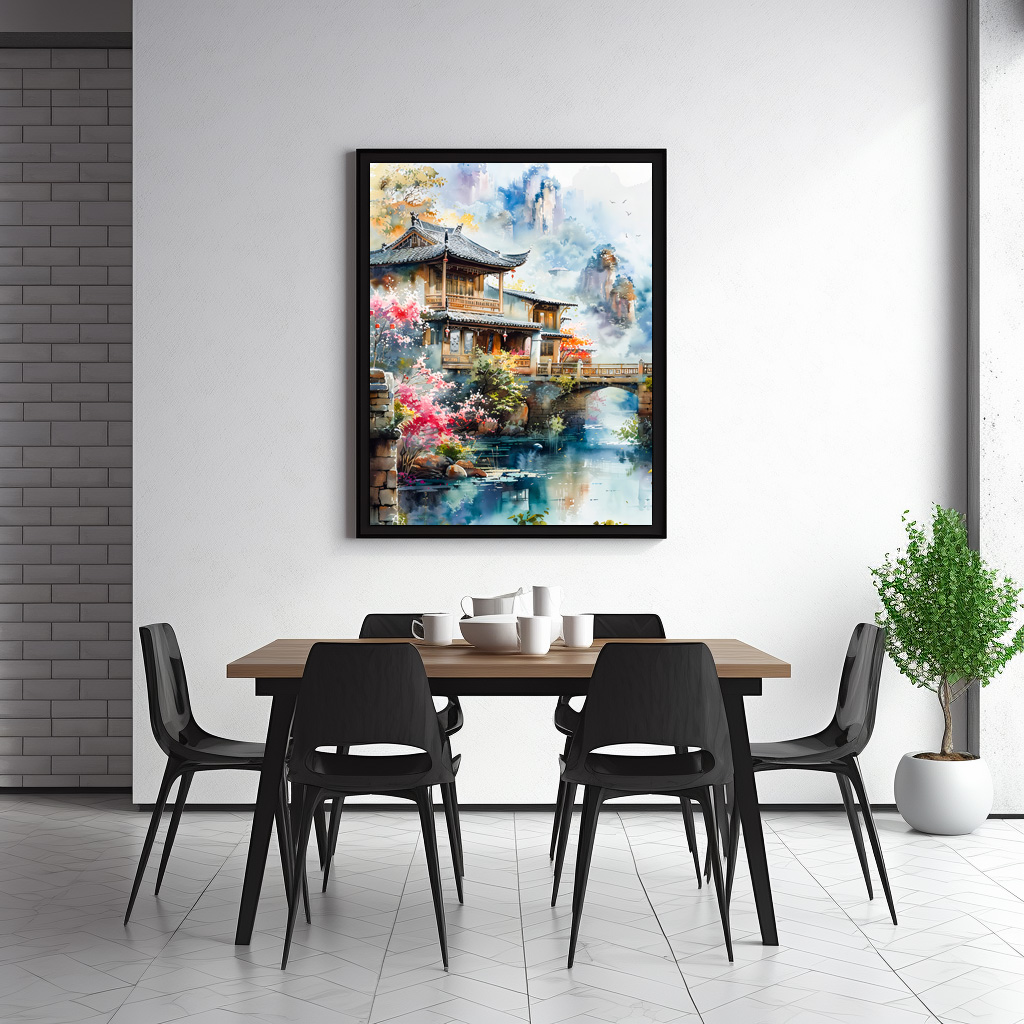 Poster: Temple Complex By Riverside With Bridge And Blooming Cherry Trees In Chinese Ink - Image 3