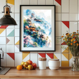 Poster: Hillside Village With Temple, Blooming Cherry Trees And Misty Mountains In Chinese Ink