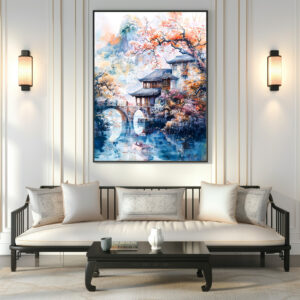 Poster: Watercolor painting of a temple and bridge by the river.