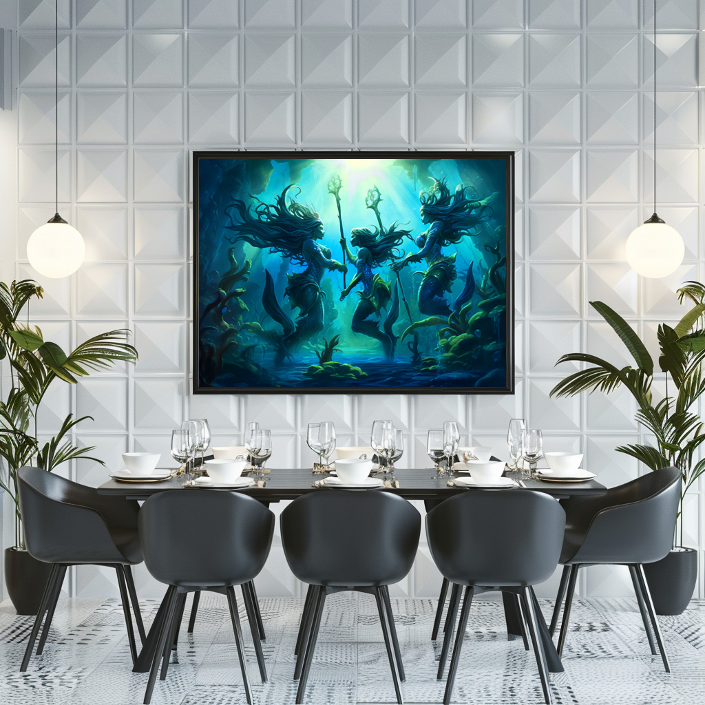 Poster: Three Sea Nymphs Holding Staffs Fantasy Painting