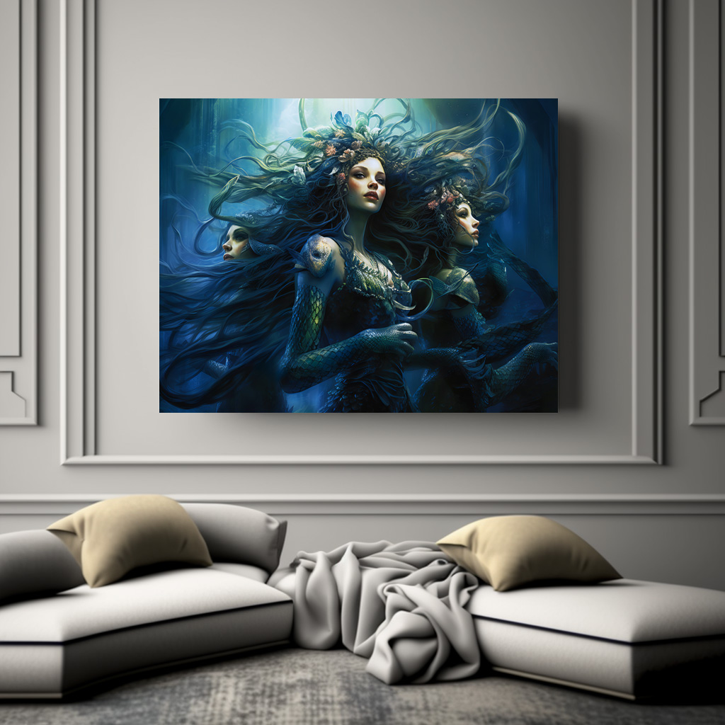 Poster: Three Sea Nymphs in Mirror Fantasy Painting - Image 2