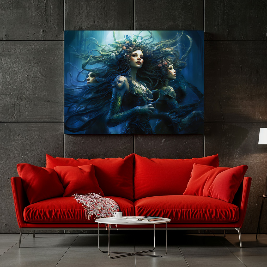 Poster: Three Sea Nymphs in Mirror Fantasy Painting