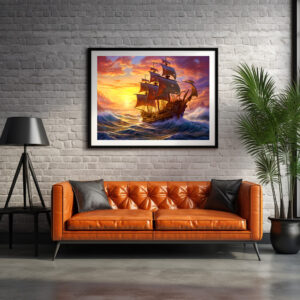 Poster: Ship in Golden Sunset Storm Fantasy Painting