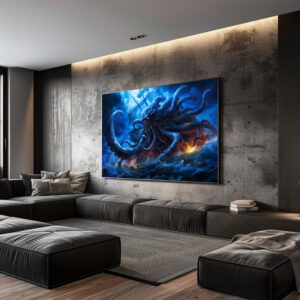 Poster: Fantasy Painting Kraken Attacking Ship at Sea