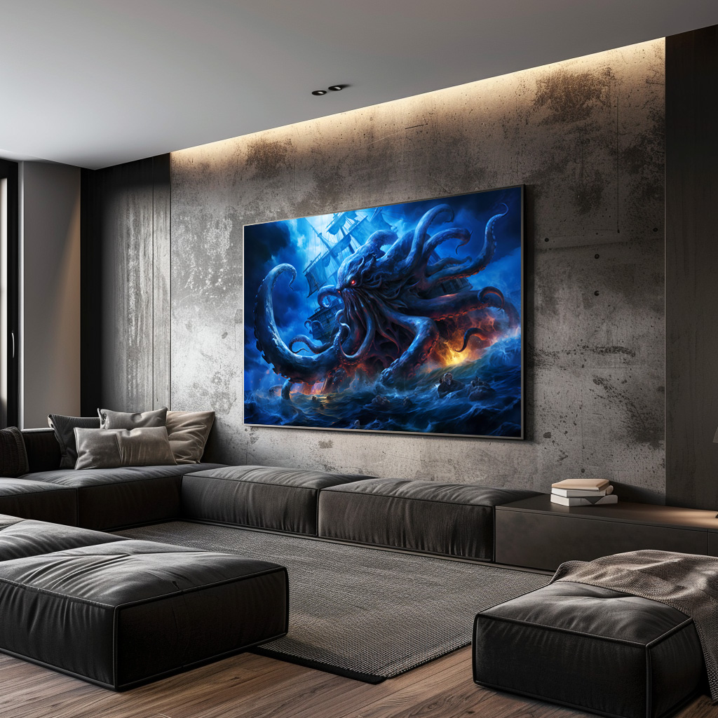 Poster: Fantasy Painting Kraken Attacking Ship at Sea