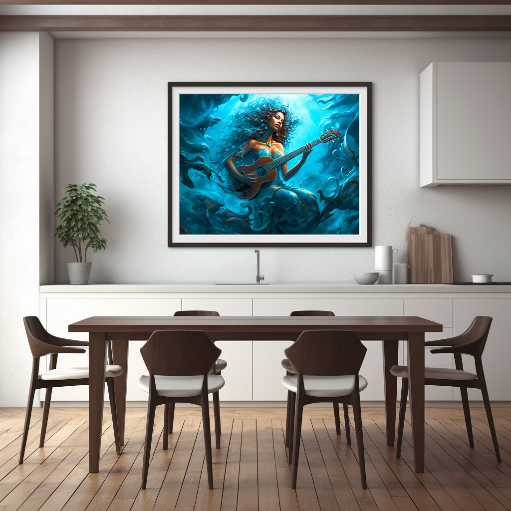 Poster: Mermaid Playing Guitar Underwater Fantasy Painting