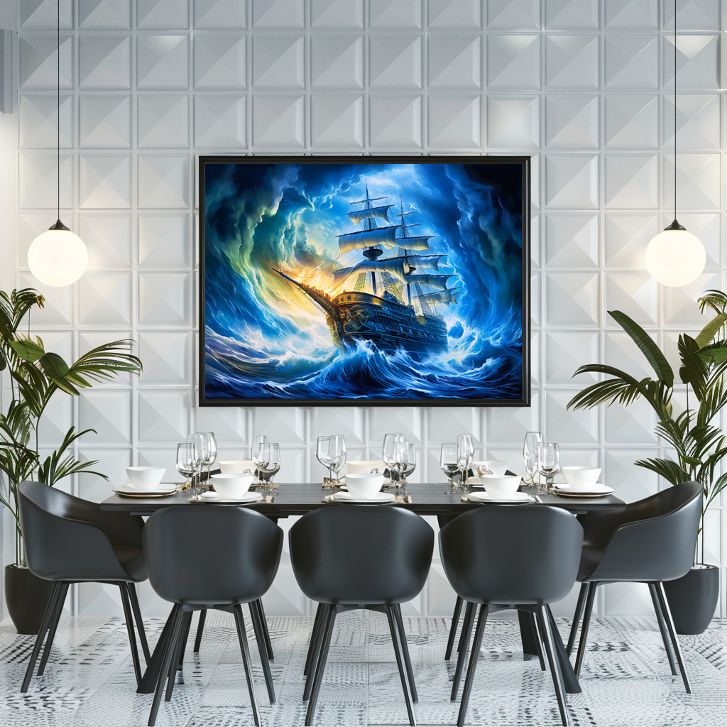 Poster: Ship in Glowing Blue Ocean Fantasy Painting – Bild 2