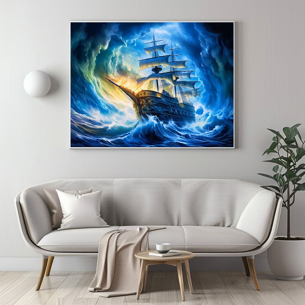 Poster: Ship in Glowing Blue Ocean Fantasy Painting