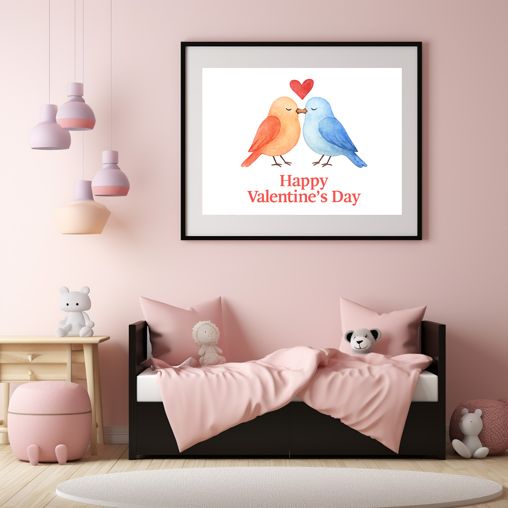 Poster: Watercolor Lovebirds with Heart Valentine’s Day Illustration