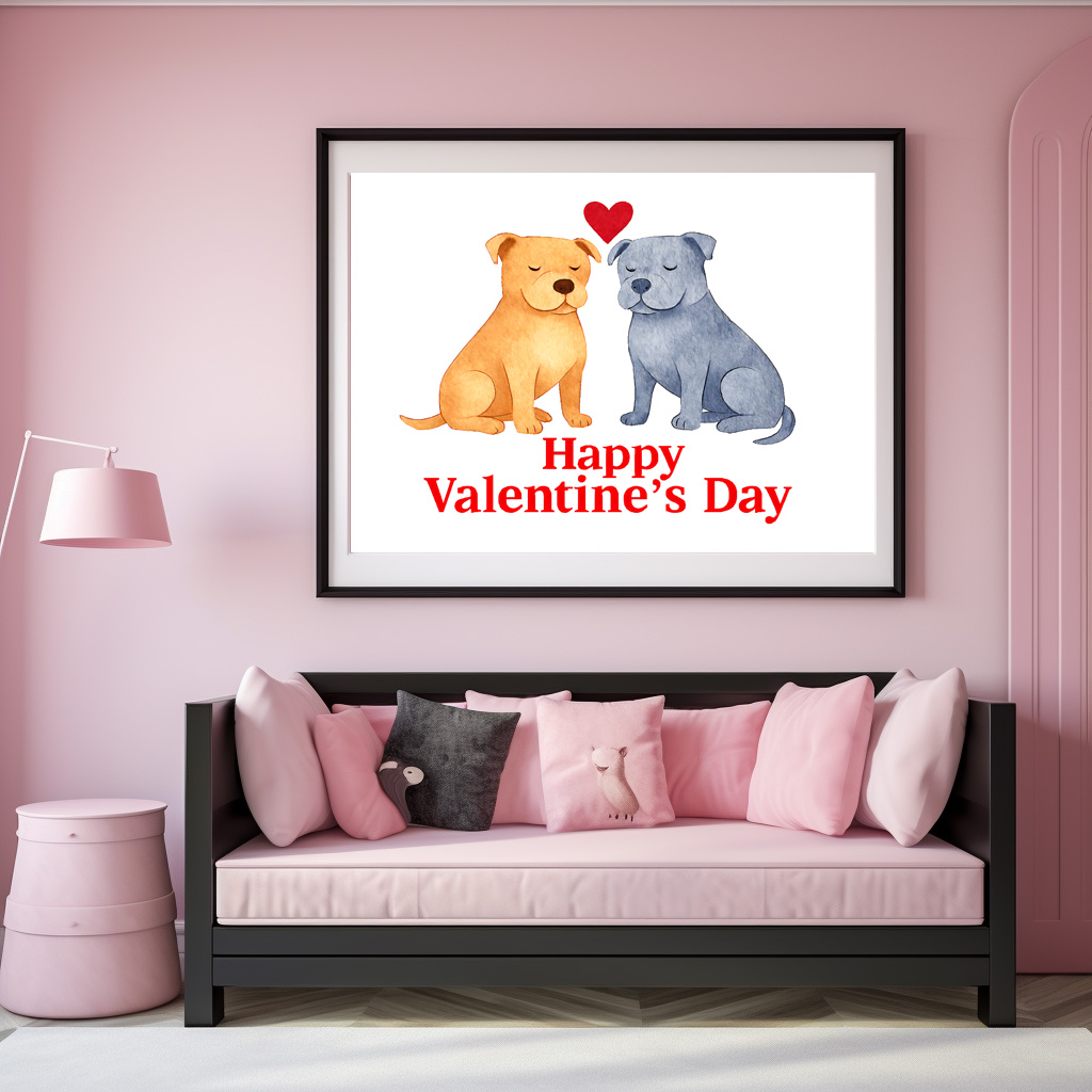 Poster: Two Dogs with Heart Watercolor Valentine’s Day Illustration