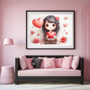 Poster: Cartoon Girl with Roses and Hearts Sweet Valentine’s Day Artwork