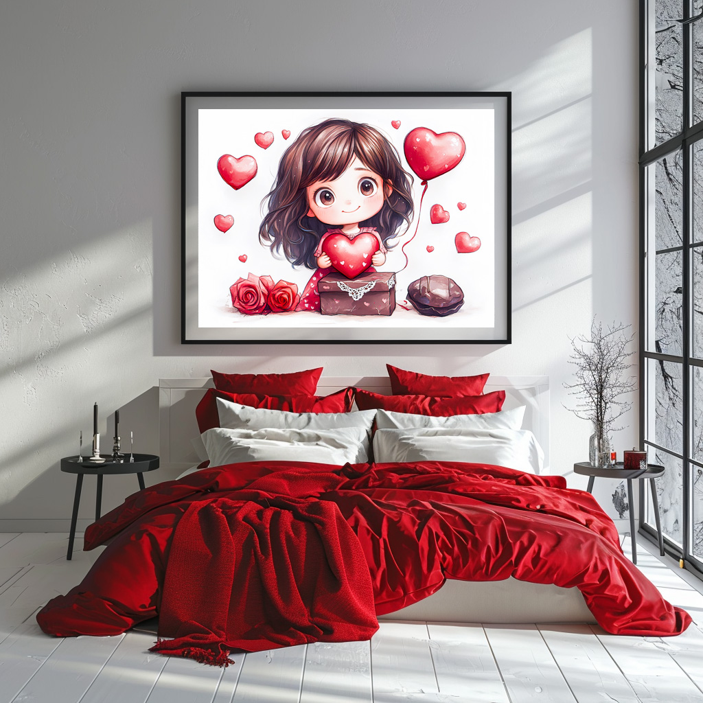 Poster: Cartoon Girl Holding Heart Romantic Valentine’s Day Artwork - immagine 2