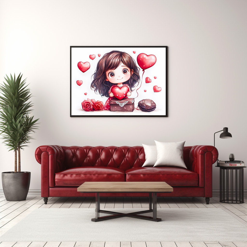 Poster: Cartoon Girl Holding Heart Romantic Valentine’s Day Artwork - immagine 3