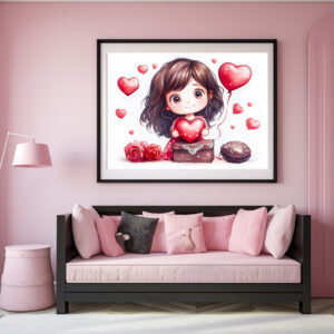Poster: Cartoon Girl Holding Heart Romantic Valentine’s Day Artwork
