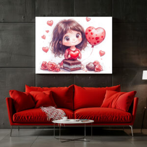 Poster: Cartoon Girl Surrounded by Roses Romantic Valentine’s Day Illustration