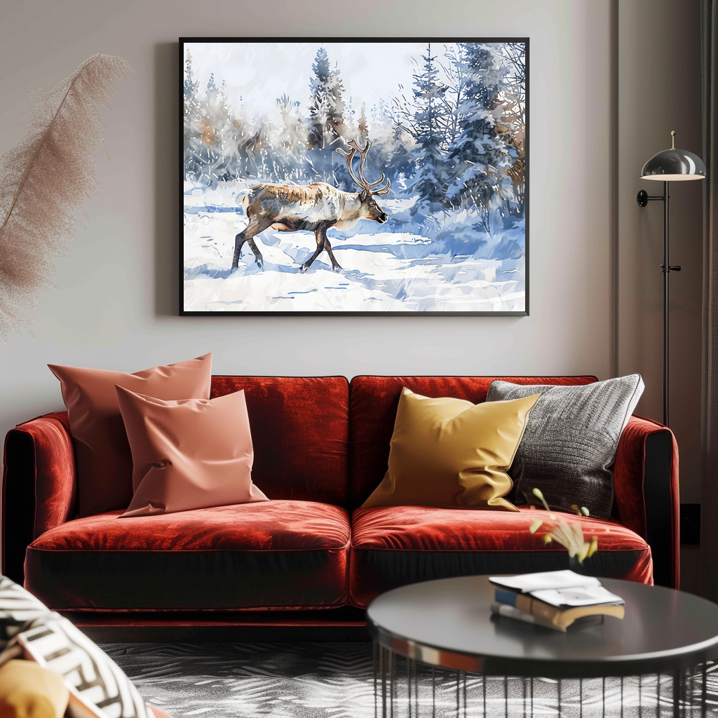 Poster: Reindeer Walking Through Snowy Forest