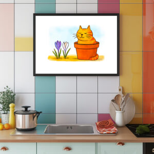 Poster: Cute Cartoon Cat Sitting in Spring Flowers