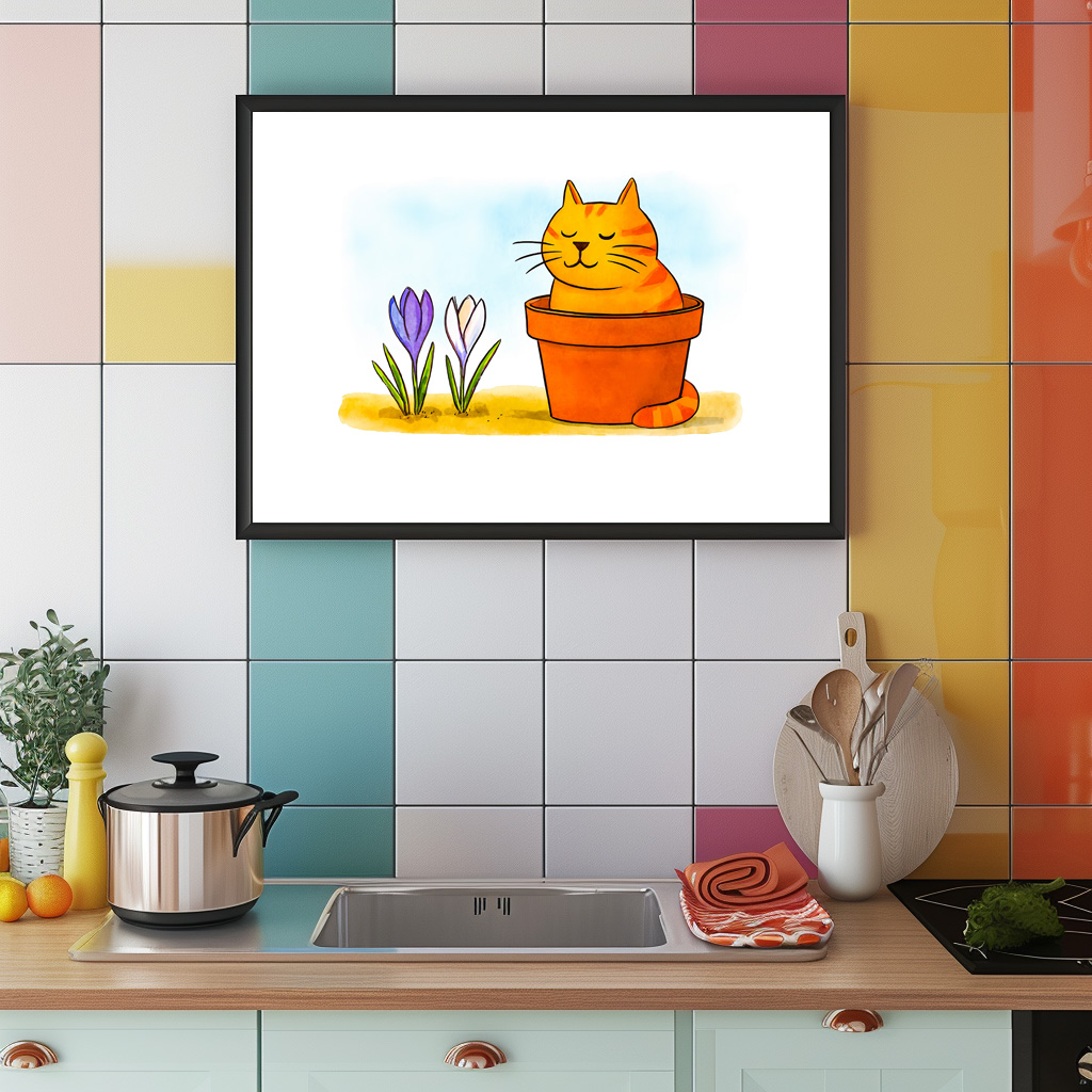 Poster: Cute Cartoon Cat Sitting in Spring Flowers