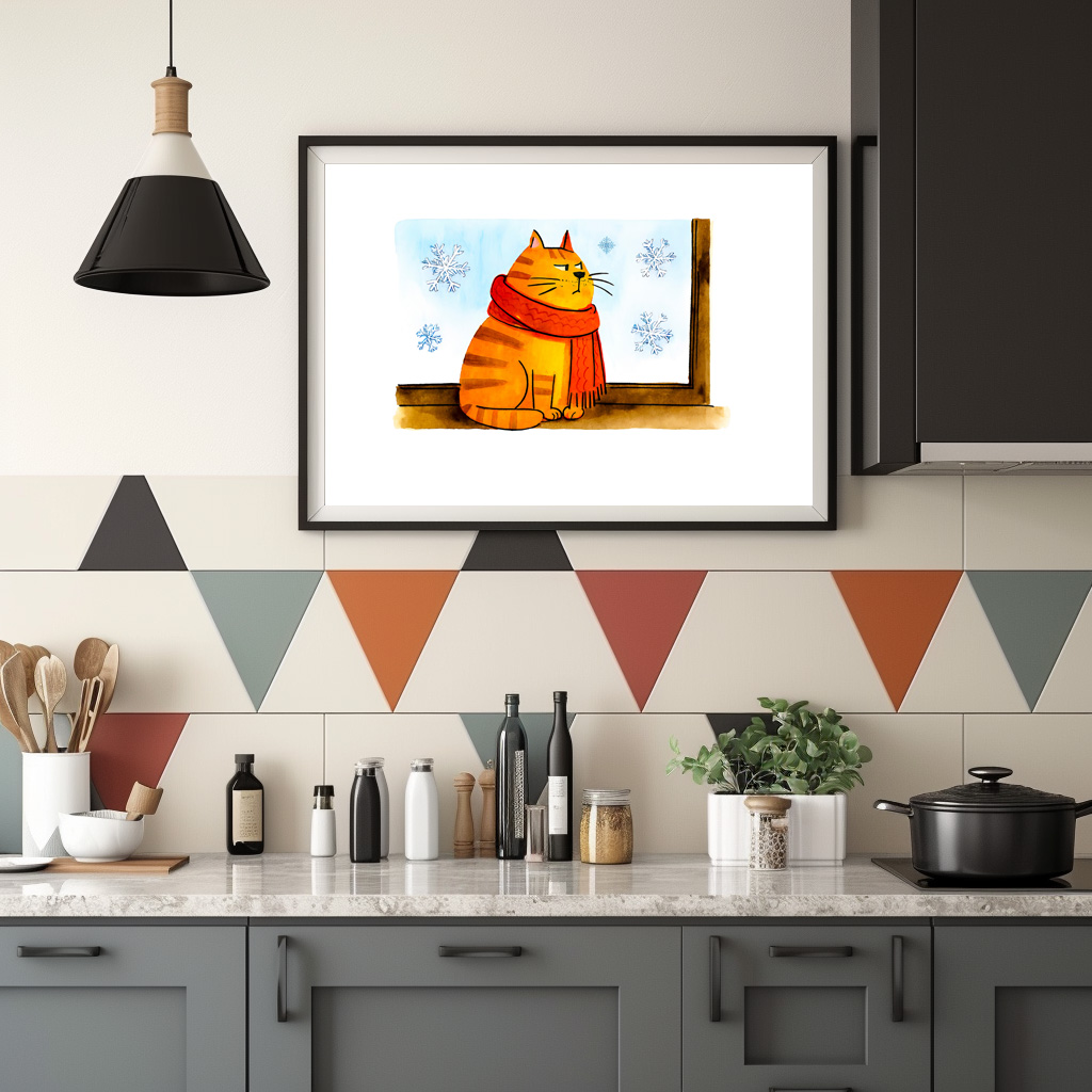 Poster: Cute Cartoon Cat Sitting at Snowy Window