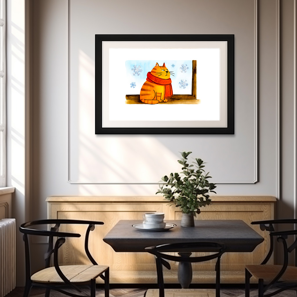 Poster: Cute Cartoon Cat Sitting at Snowy Window - Imagen 2