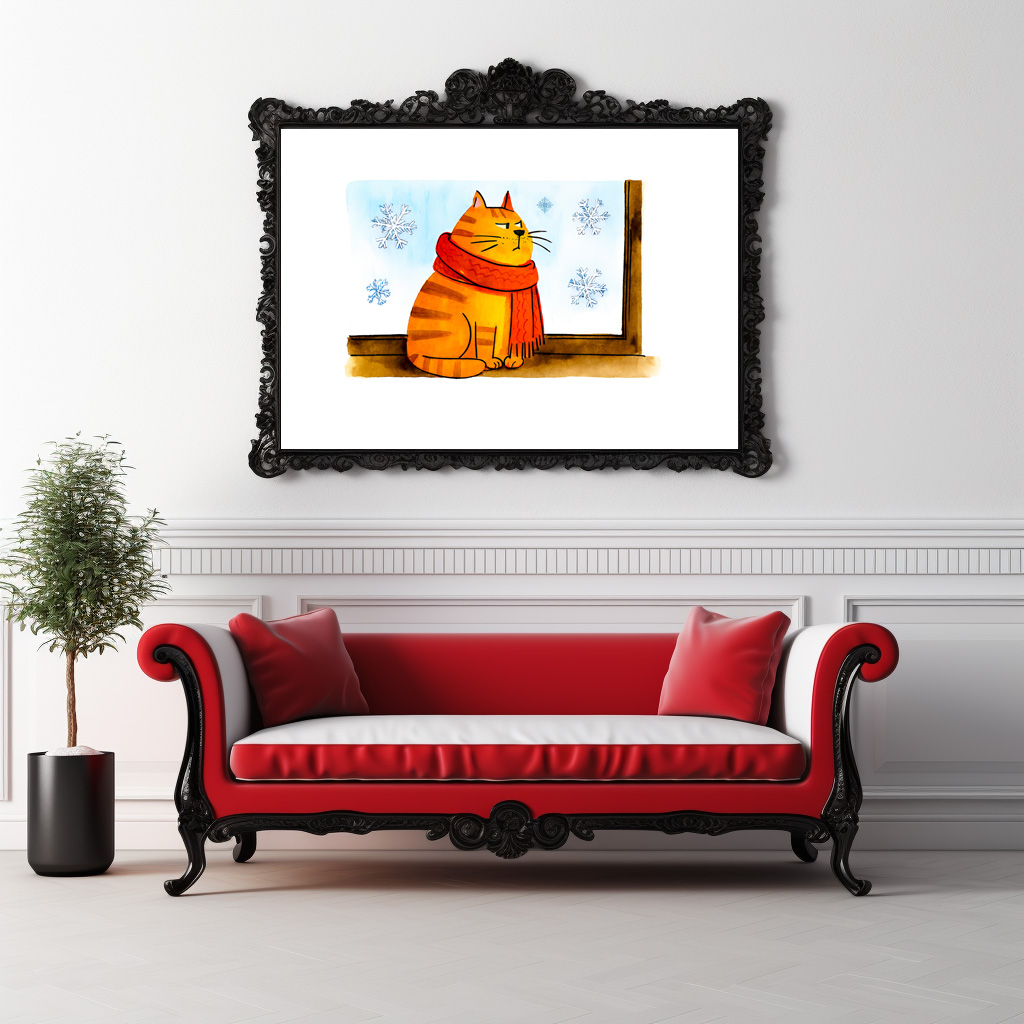 Poster: Cute Cartoon Cat Sitting at Snowy Window - Imagen 3