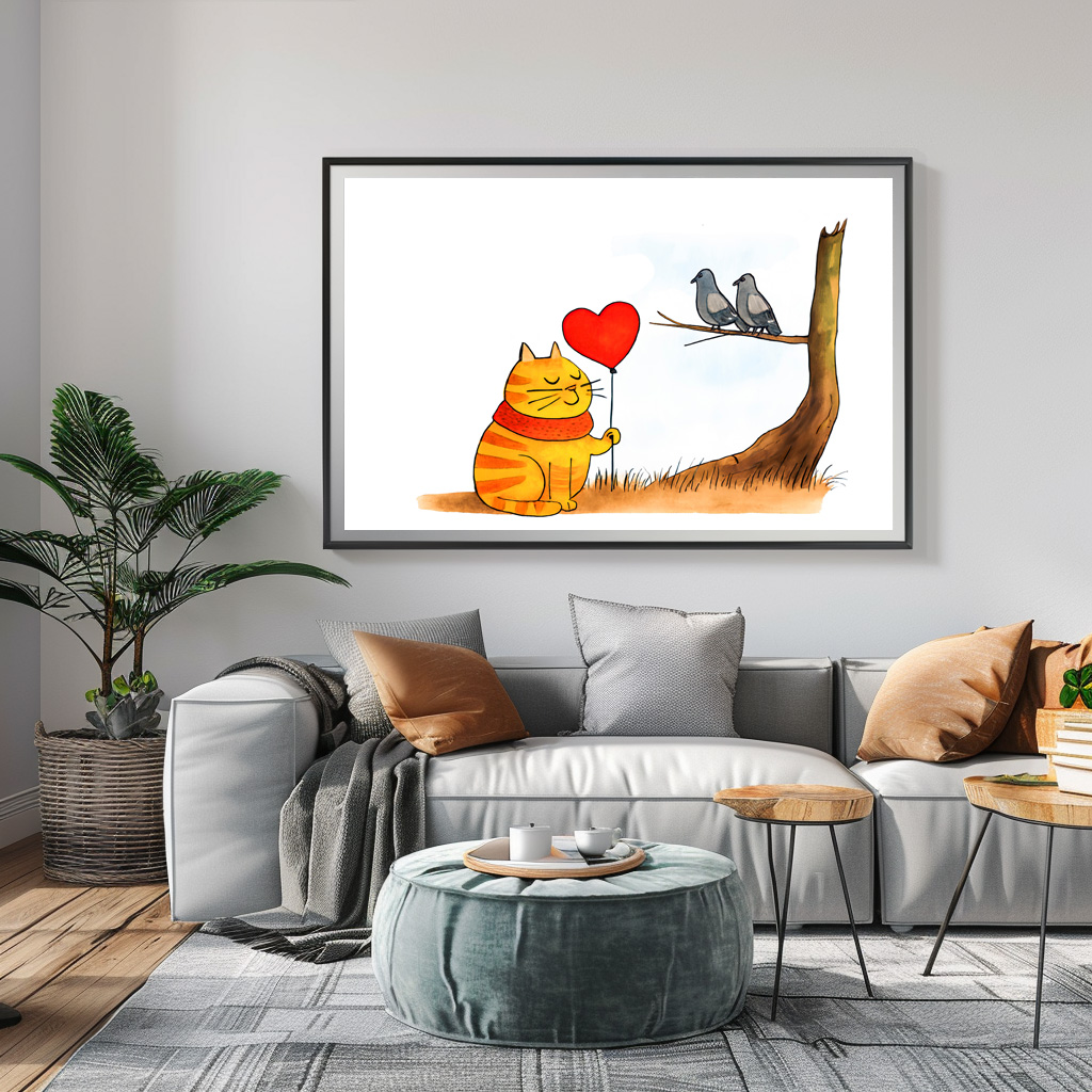 Poster: Cute Cartoon Cat Holding Heart Balloon Outdoors – Bild 2