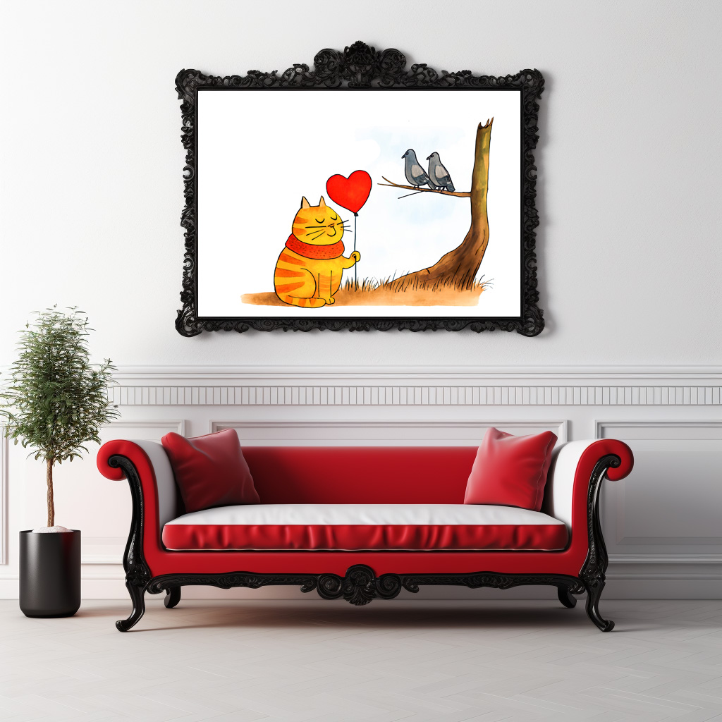 Poster: Cute Cartoon Cat Holding Heart Balloon Outdoors – Bild 3