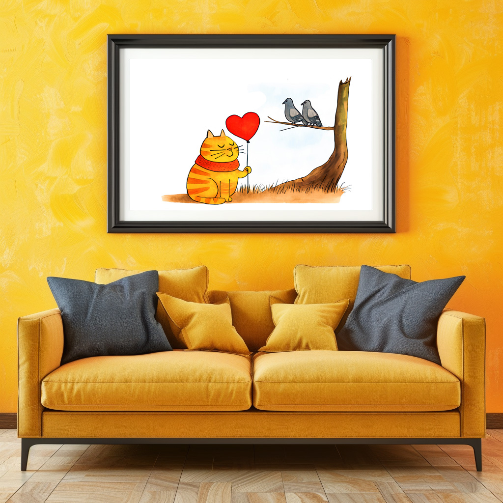 Poster: Cute Cartoon Cat Holding Heart Balloon Outdoors