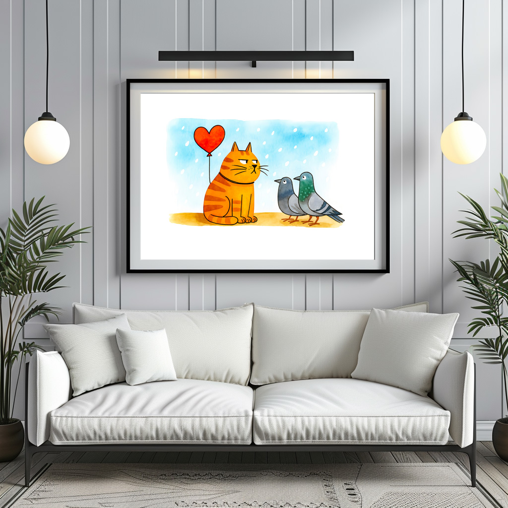 Poster: Cute Cartoon Cat Holding Heart Balloon Illustration – Image 2