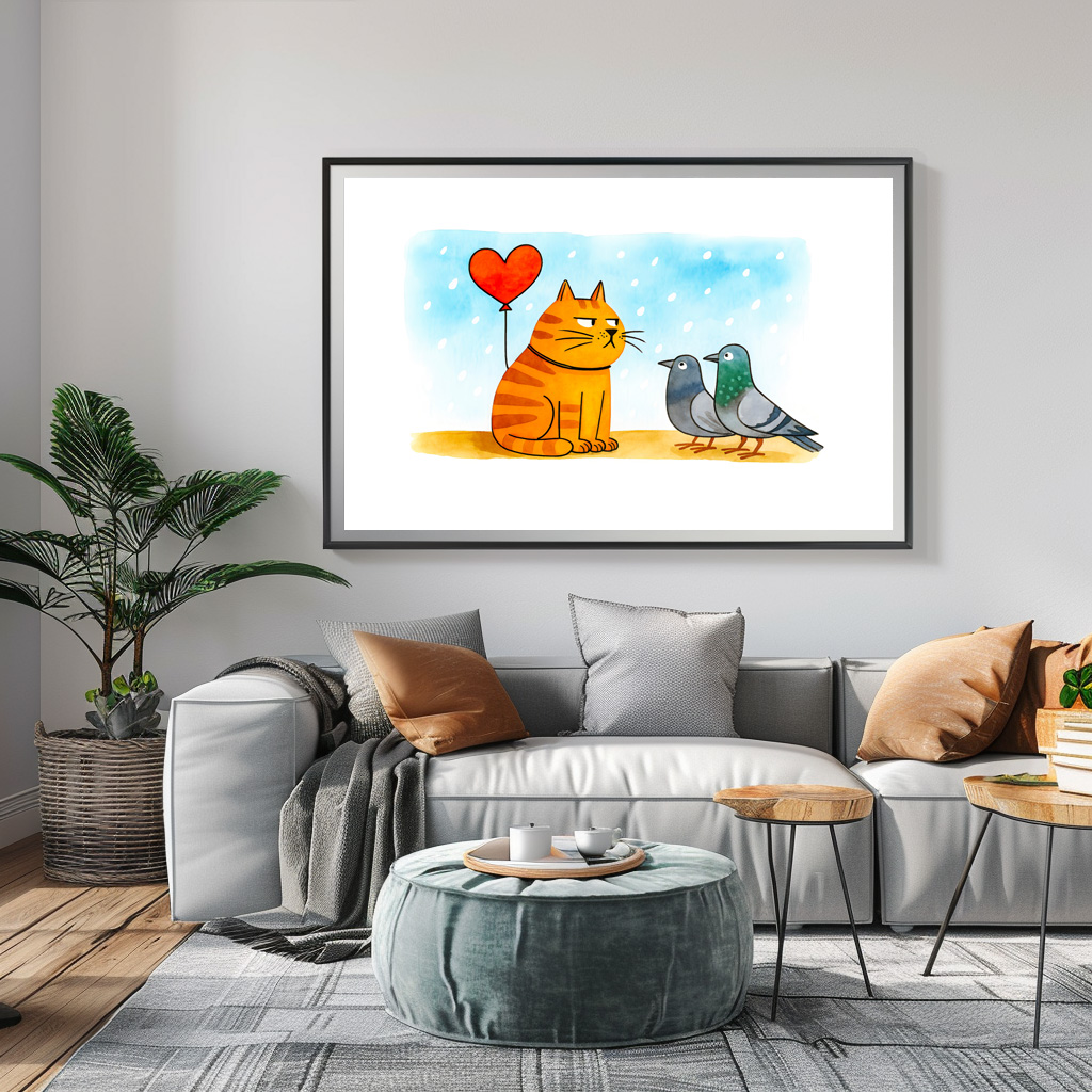 Poster: Cute Cartoon Cat Holding Heart Balloon Illustration – Image 3