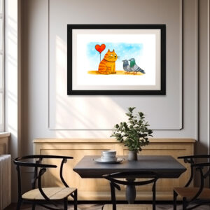 Poster: Cute Cartoon Cat Holding Heart Balloon Illustration