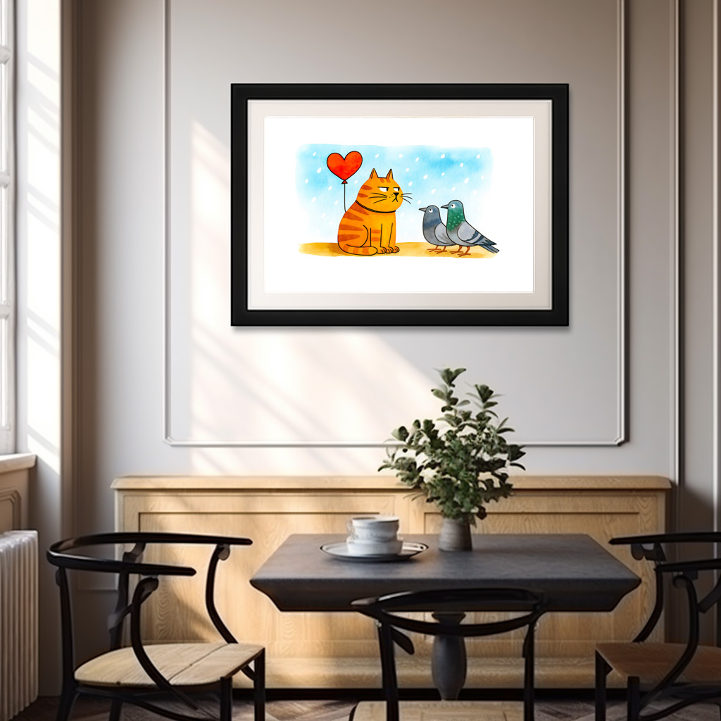 Poster: Cute Cartoon Cat Holding Heart Balloon Illustration