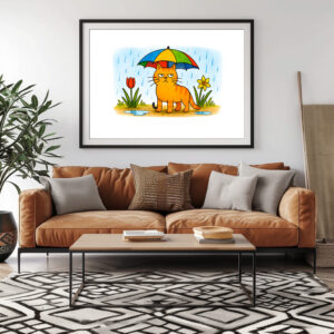 Poster: Cute Cartoon Cat Standing Under Colorful Umbrella