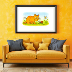Poster: Cute Cartoon Cat Watching Ladybug in Meadow
