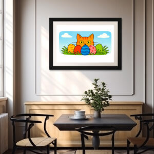 Poster: Playful Cartoon Cat Hiding Behind Easter Eggs
