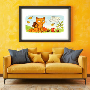 Poster: Grumpy Cartoon Cat Starting School in Autumn