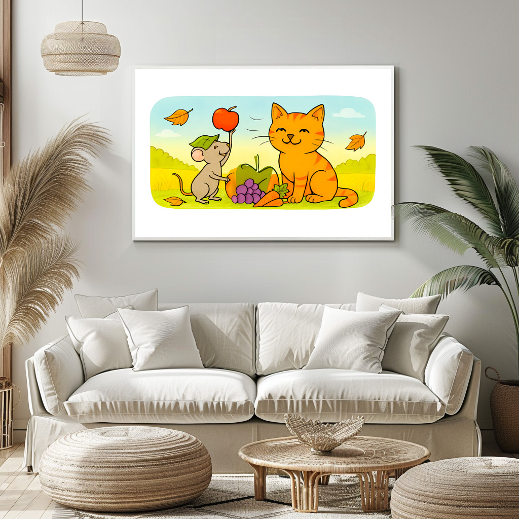 Poster: Cute Cartoon Cat With Mouse and Heart Balloon
