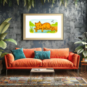 Poster: Cute Cartoon Cat Resting on Wooden Dock
