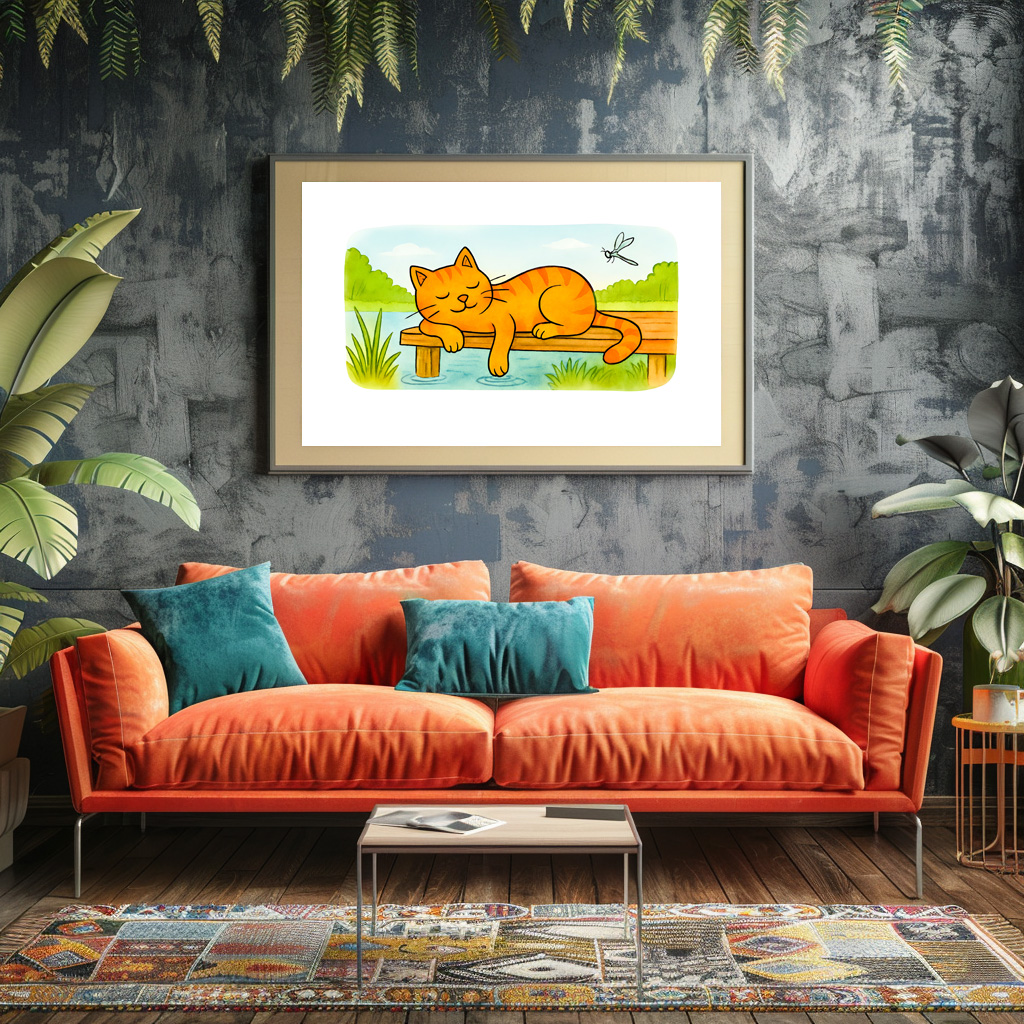 Poster: Cute Cartoon Cat Resting on Wooden Dock